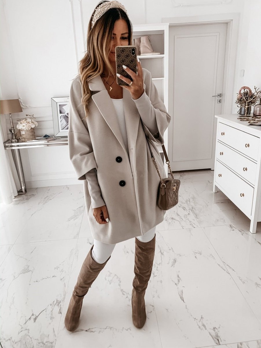 Womens Wool Oversized Three-Quarter Sleeve Button Coat - Light Grey