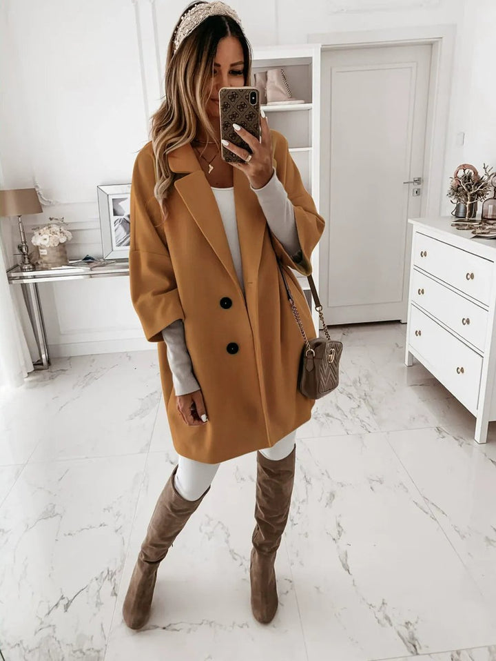 Womens Wool Oversized Three-Quarter Sleeve Button Coat - Khaki