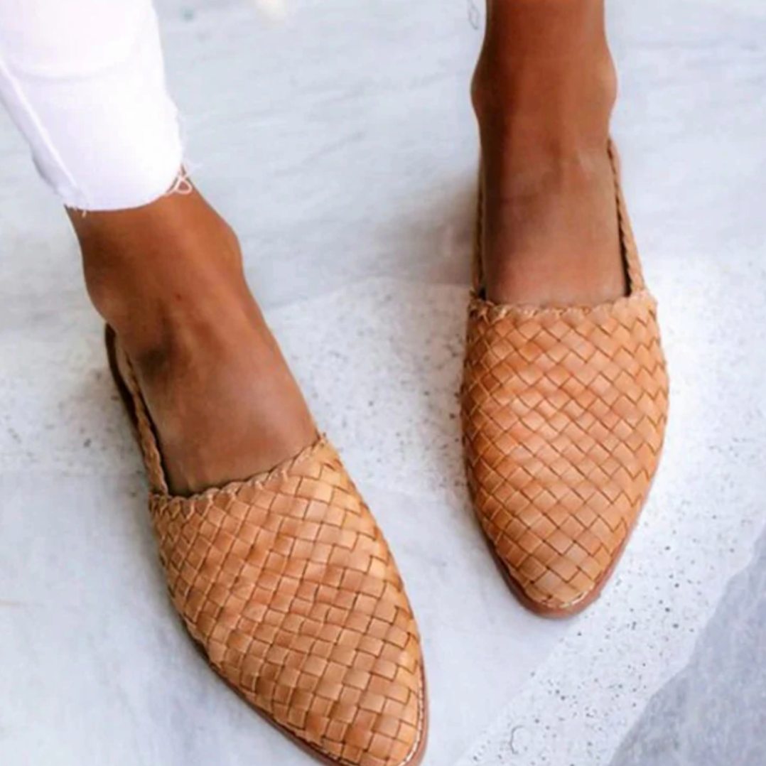 Women's Woven Leather Slingback Pointed-Toe Flat Ballerinas
